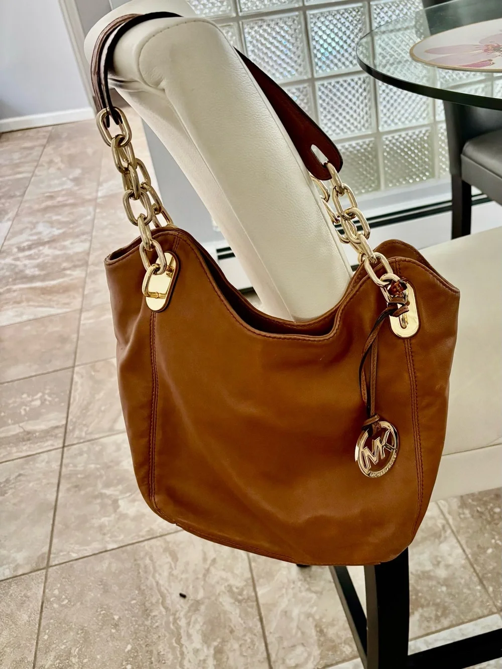 Michael Kors Brown Leather Hobo Bag with Gold Hardware